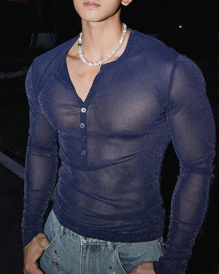 Men's Slim Fit Transparent Mesh Long Sleeve Henley Sweater with Glitter and Sparkle