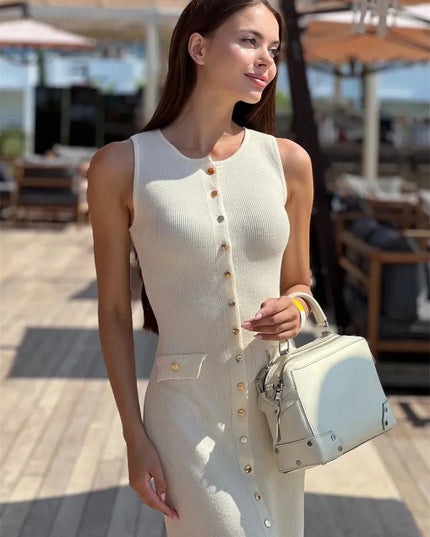 Women's Knit Ribbed Maxi Dress with High Waist, Slim Fit, and Pockets