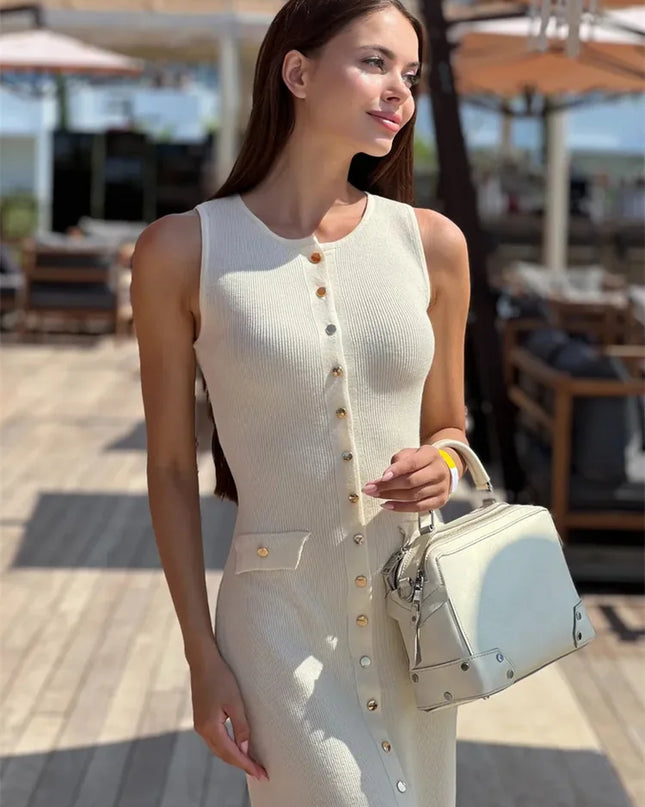 Women's Knit Ribbed Maxi Dress with High Waist, Slim Fit, and Pockets