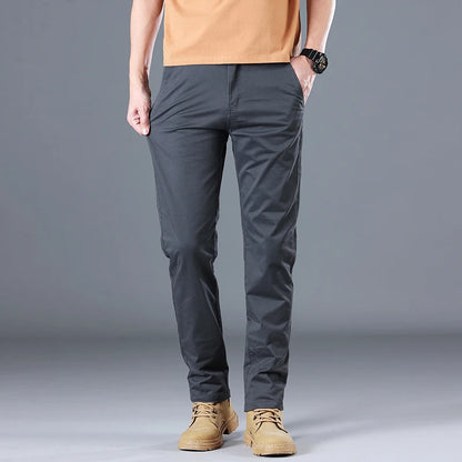 Men's Classic Slim Straight Trousers - Pure Cotton Stretch Pants