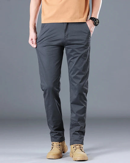 Men's Classic Slim Straight Trousers - Pure Cotton Stretch Pants