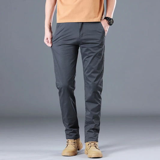 Men's Classic Slim Straight Trousers - Pure Cotton Stretch Pants