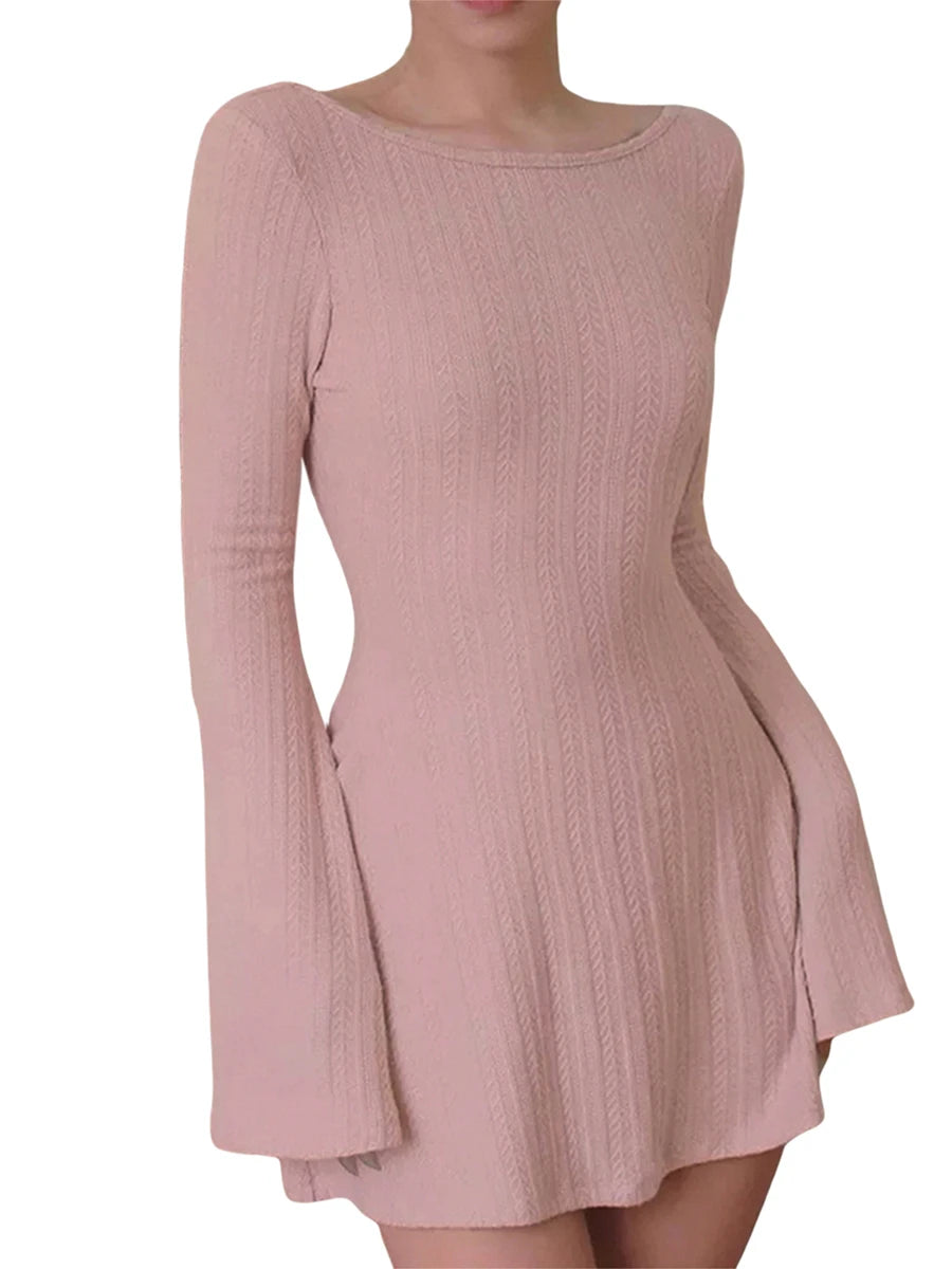 Women’s Long Sleeve Mini Dress with Crew Neck and Backless Design