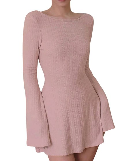 Women’s Long Sleeve Mini Dress with Crew Neck and Backless Design