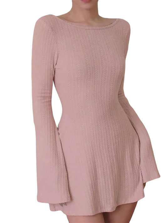 Women’s Long Sleeve Mini Dress with Crew Neck and Backless Design