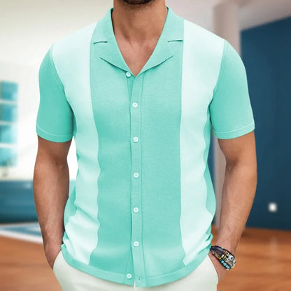 Men's Breathable Striped Knit Patchwork Polo Shirt - Short Sleeve Button-Up