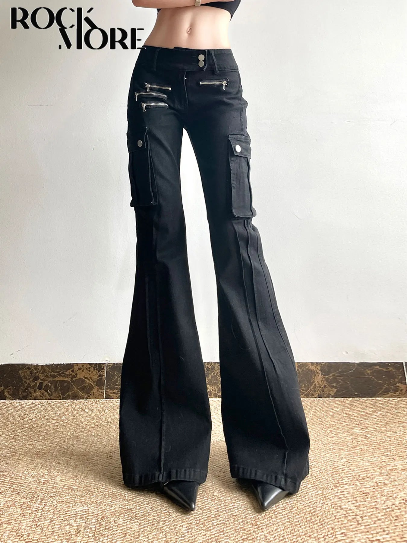 Rockmore Women's Black Slim Skinny Flare Jeans with Metal Zipper - Low-Waisted Fit