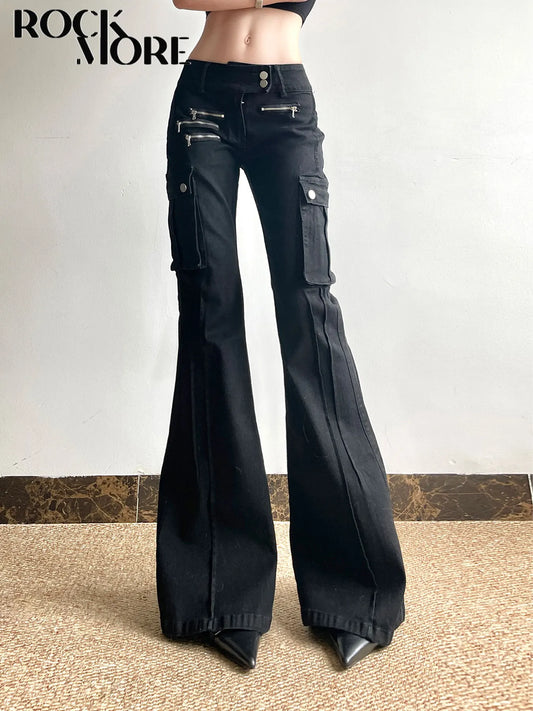 Rockmore Women's Black Slim Skinny Flare Jeans with Metal Zipper - Low-Waisted Fit