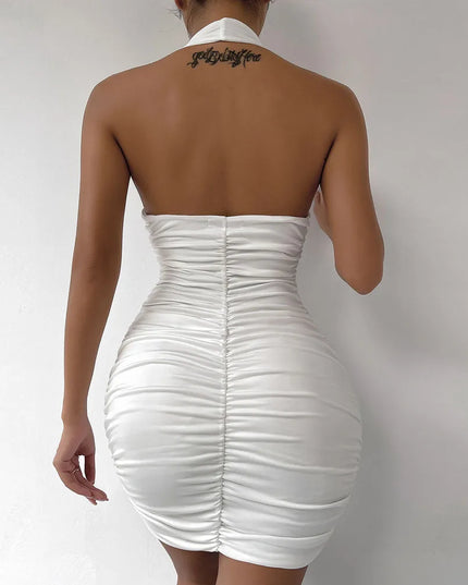 Ruffle V-Neck Deep Halter Mini Dress – Elegant Design for Women