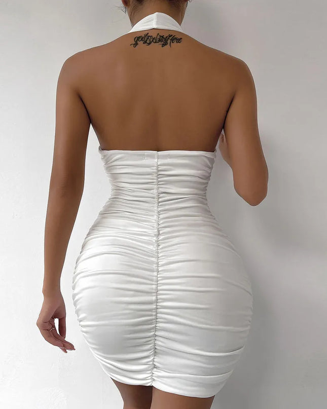 Ruffle V-Neck Deep Halter Mini Dress – Elegant Design for Women
