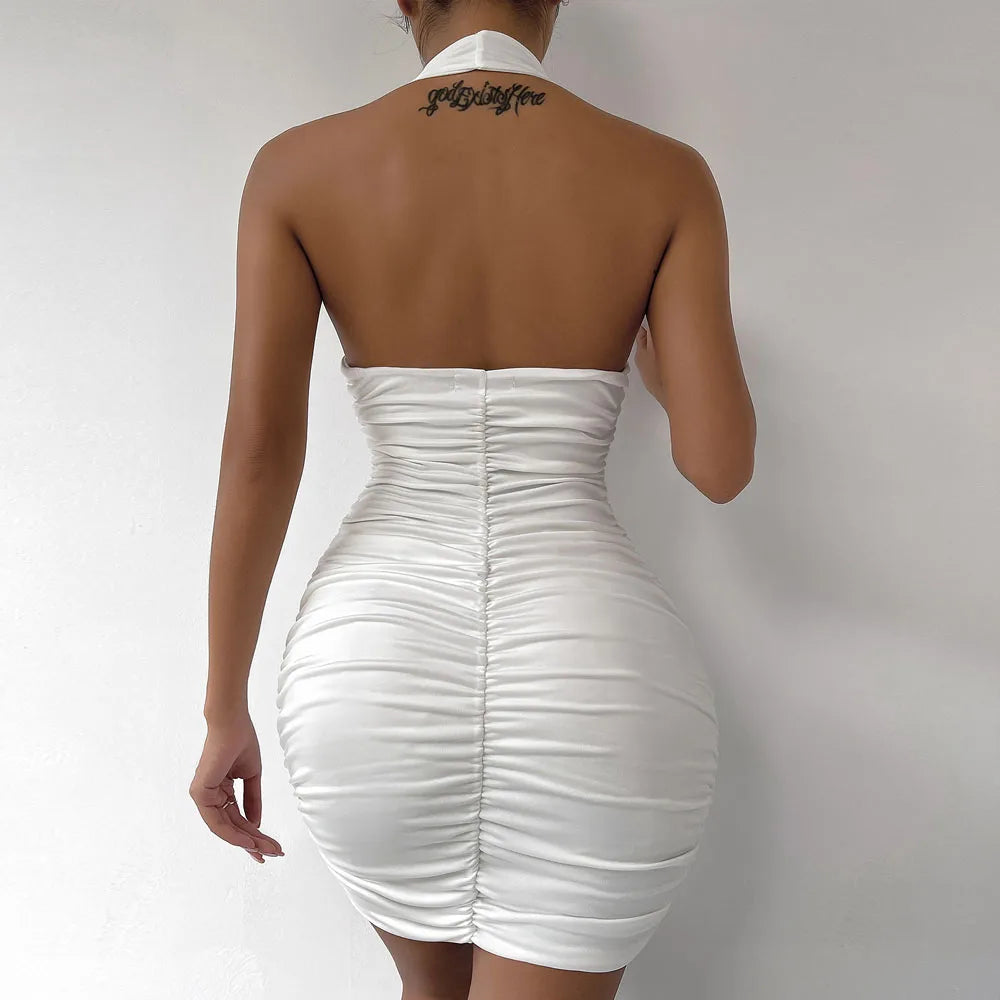 Ruffle V-Neck Deep Halter Mini Dress – Elegant Design for Women