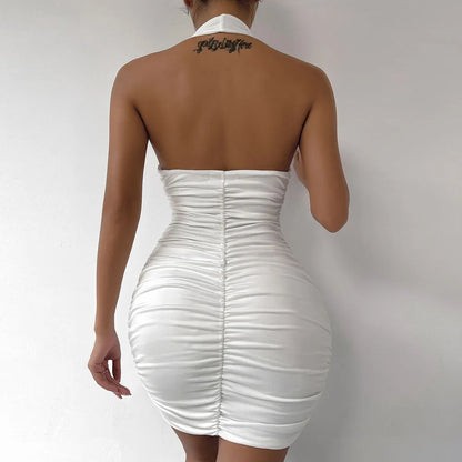 Ruffle V-Neck Deep Halter Mini Dress – Elegant Design for Women