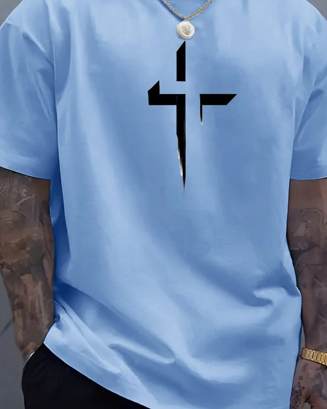 Men's 100% Cotton Casual Loose Fit Cross Print Round Neck T-Shirt