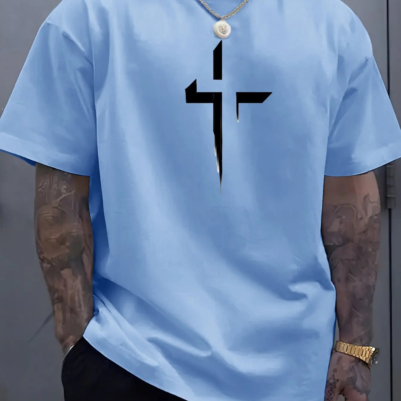 Men's 100% Cotton Casual Loose Fit Cross Print Round Neck T-Shirt