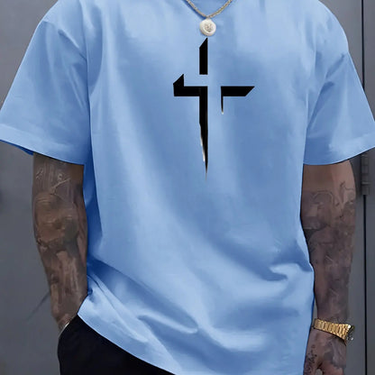 Men's 100% Cotton Casual Loose Fit Cross Print Round Neck T-Shirt