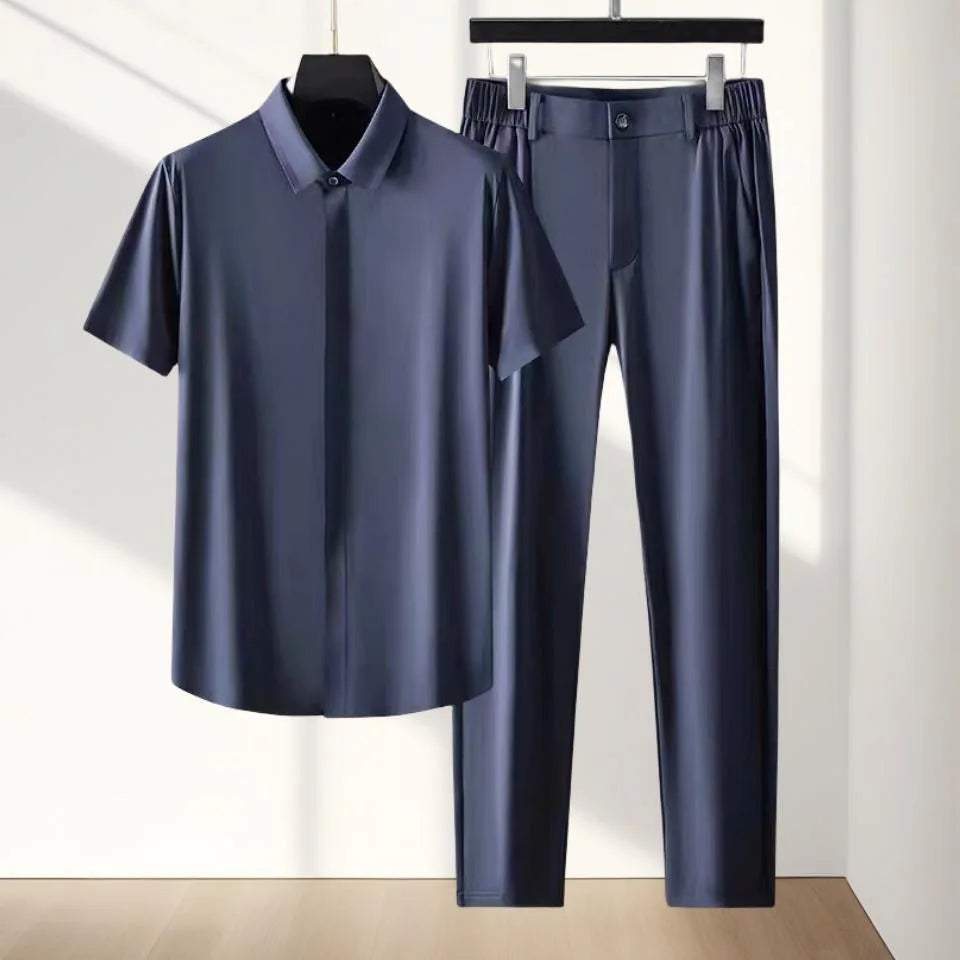 Men's Two-Piece Relaxed Ice Silk Stan Collar T-Shirt and Pants Set