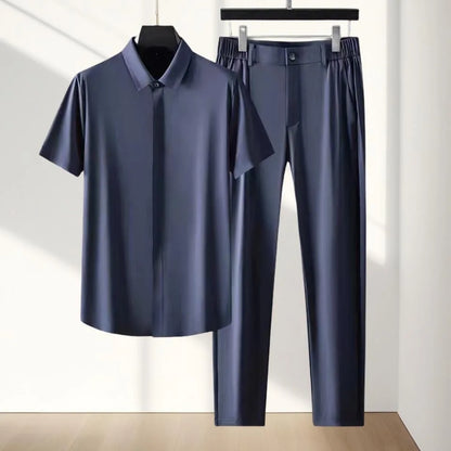 Men's Two-Piece Relaxed Ice Silk Stan Collar T-Shirt and Pants Set