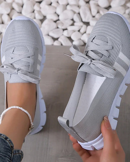 Women's Striped Lace-Up Trainers - Breathable Sneakers with Soft Sole