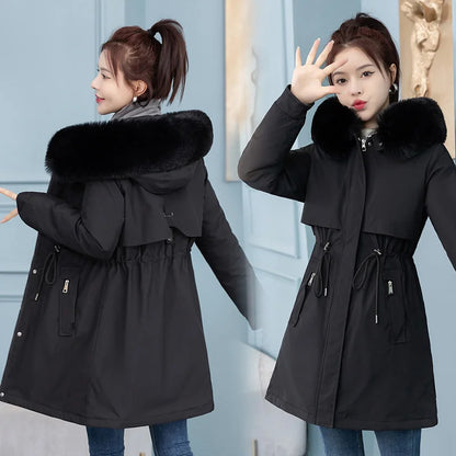 Women's Long Hooded Parka Coat with Wool Lining and Fur Collar - Various Colors