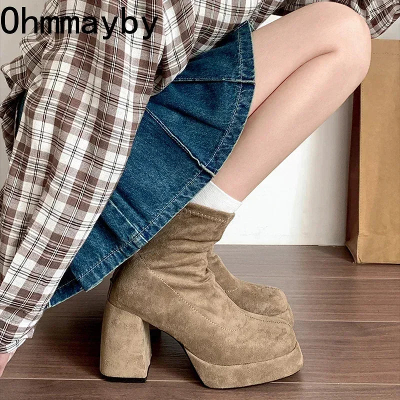 Ohmmayby Stylish Women’s Ankle Boots with Platform Square High Heels