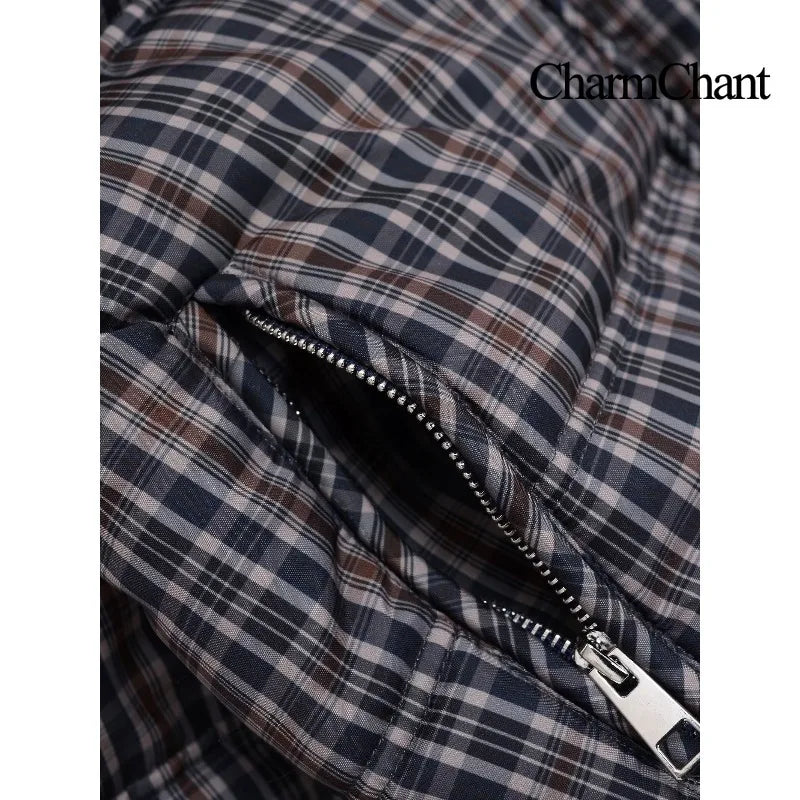 CharmChant Women's Stand-Collar Plaid Puffer Parka Jacket with Padding
