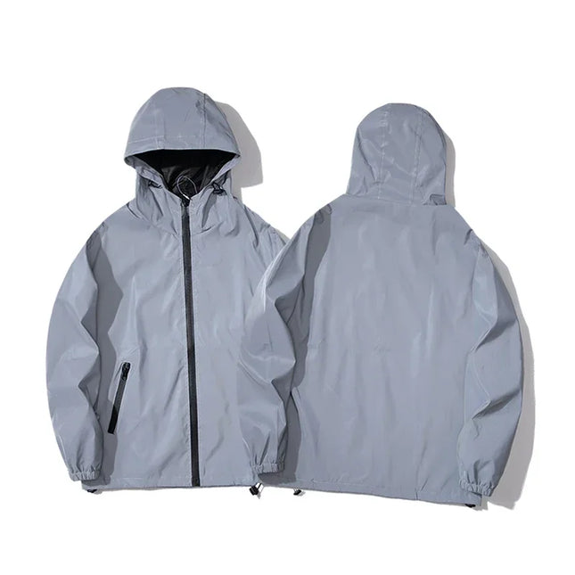 Men's Waterproof Windbreaker Jacket - Reflective Hooded Zipper Jacket for Enhanced Visibility