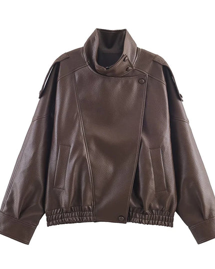 Women's Stand Collar Faux Leather Jacket with Double Button Closure