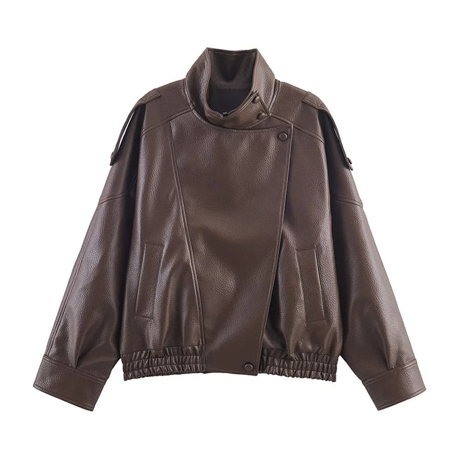Women's Stand Collar Faux Leather Jacket with Double Button Closure