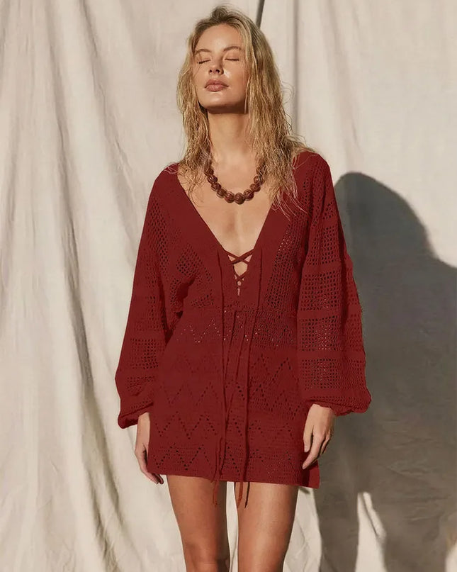 Women's Knit Mini Dress with Hollow-Out Lantern Sleeves