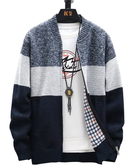 Men's Casual Striped Fleece Zip-Up Cardigan