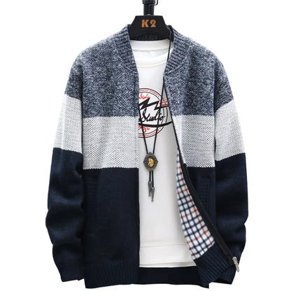 Men's Casual Striped Fleece Zip-Up Cardigan