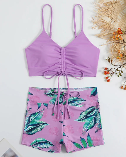 Tropical Print High Waist Drawstring Bikini for Women Tie-Front Swimsuit
