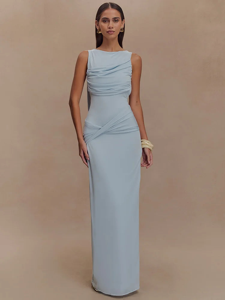 Women's Backless Ruched Maxi Dress with Thigh-High Split