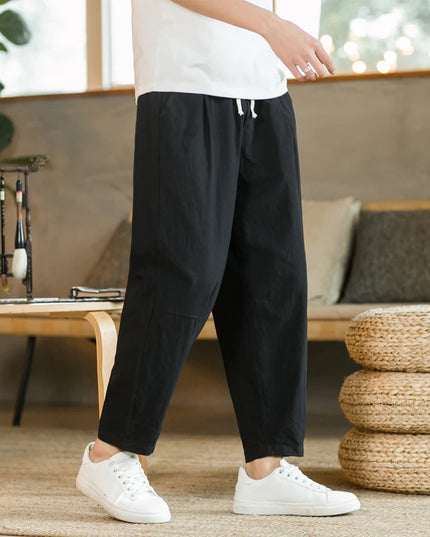 Men's Casual Loose Fit Cotton Trousers - Breathable Drawstring Pants