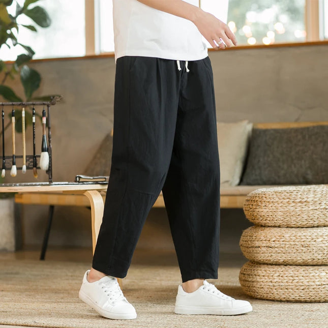 Men's Casual Loose Fit Cotton Trousers - Breathable Drawstring Pants