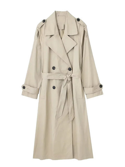 Women's Double-Breasted Trench Coat with Belt and Lapel Collar
