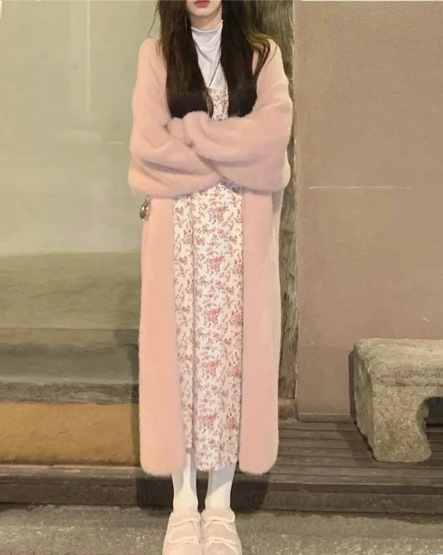 Women's Long Knitted Fluffy Cardigan with Long Sleeves
