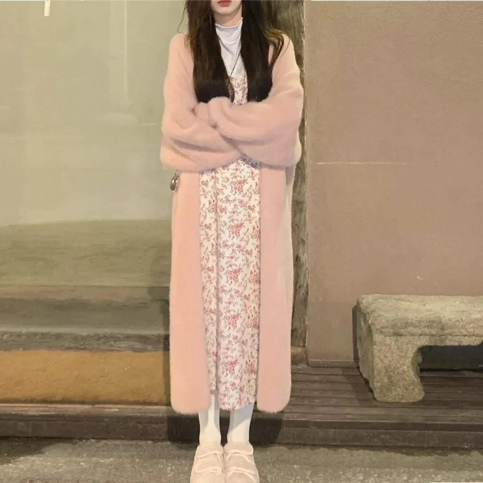 Women's Long Knitted Fluffy Cardigan with Long Sleeves
