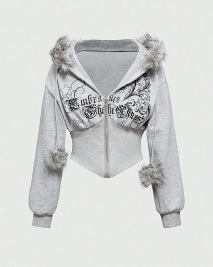Gothic Print Women's Faux Fur Crop Zip-Up Hoodie Jacket