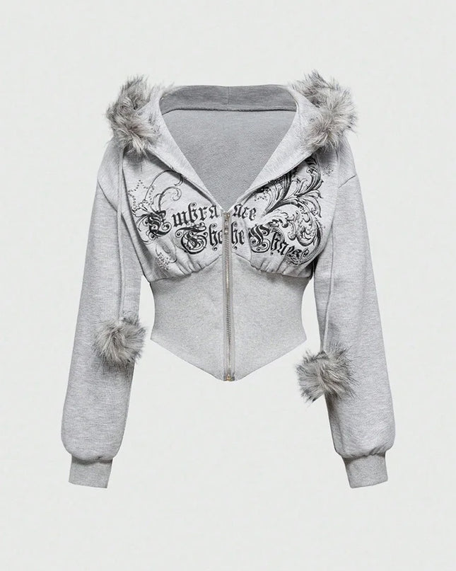 Gothic Print Women's Faux Fur Crop Zip-Up Hoodie Jacket