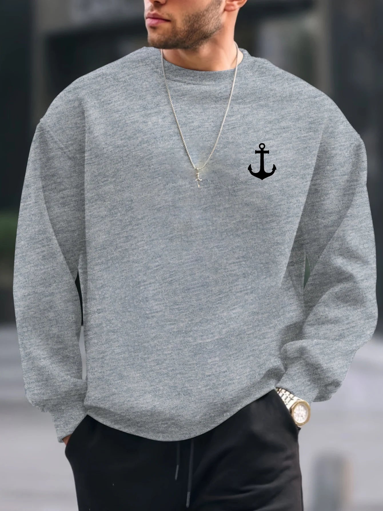Men's Casual Loose Fit Anchor Pattern Print Sweater