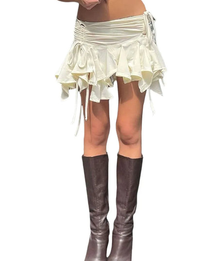 Women’s Irregular Mini Skirt with Drawstring, Tie-Up, Ruched Details, and Ruffles