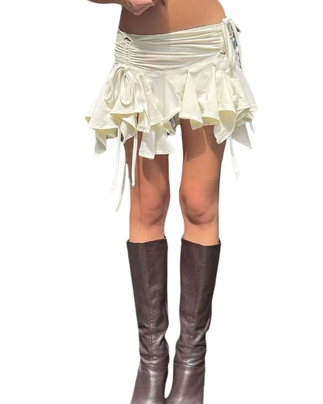 Women’s Irregular Mini Skirt with Drawstring, Tie-Up, Ruched Details, and Ruffles