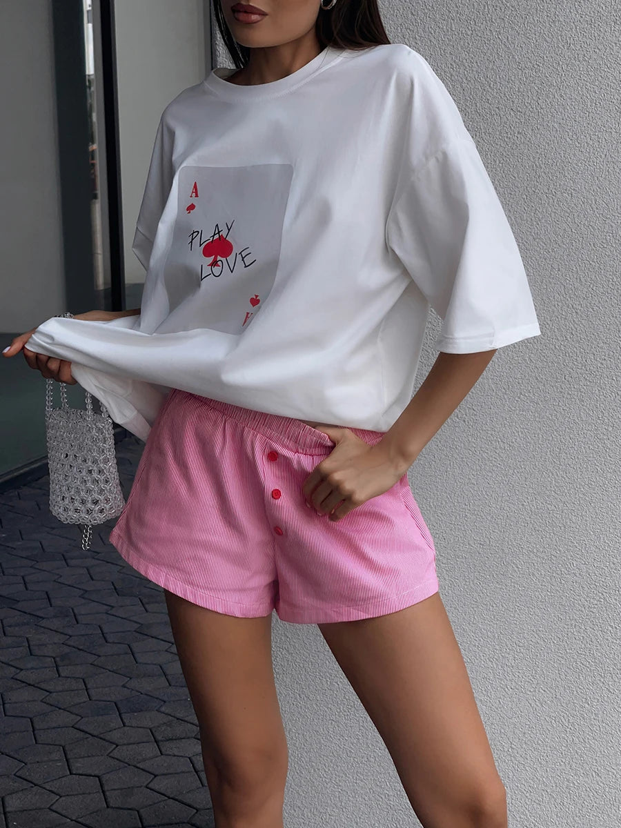 Women's Cotton Poker Card Print T-Shirt - Loose Fit, Casual Short Sleeve Tee for Women