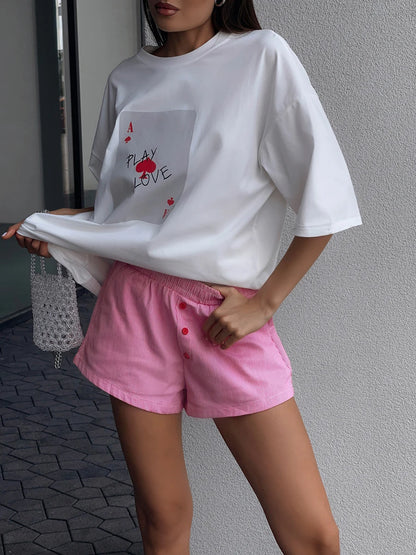 Women's Cotton Poker Card Print T-Shirt - Loose Fit, Casual Short Sleeve Tee for Women