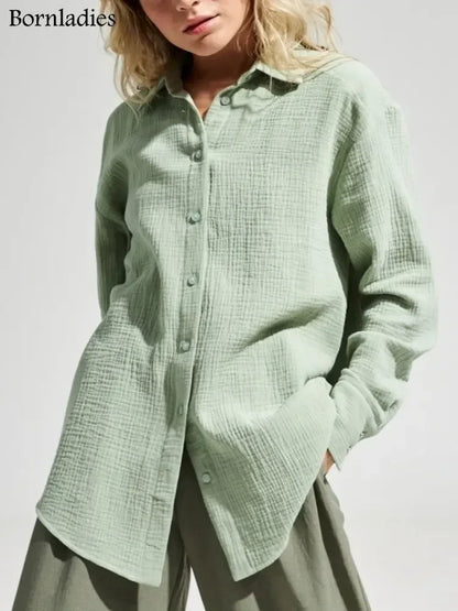 Women's Loose-Fit Long Sleeve Cotton Shirt - Various Colors