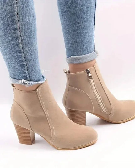 Women's Chunky Heel Ankle Boots with Zip Closure