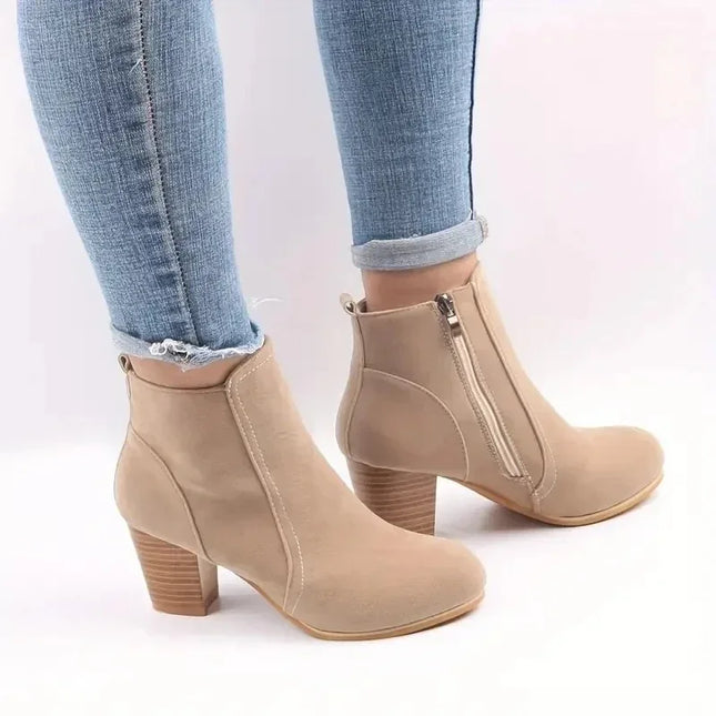 Women's Chunky Heel Ankle Boots with Zip Closure