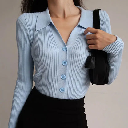 Women's Turn-Down Collar Knit Sweater with V-Neck, Slim Fit, Button-Down Design