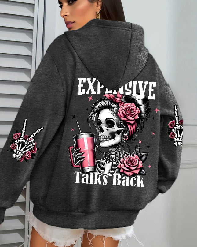 Women's "Expensive Talks Back" Printed Hoodie Sweater - Loose Fit